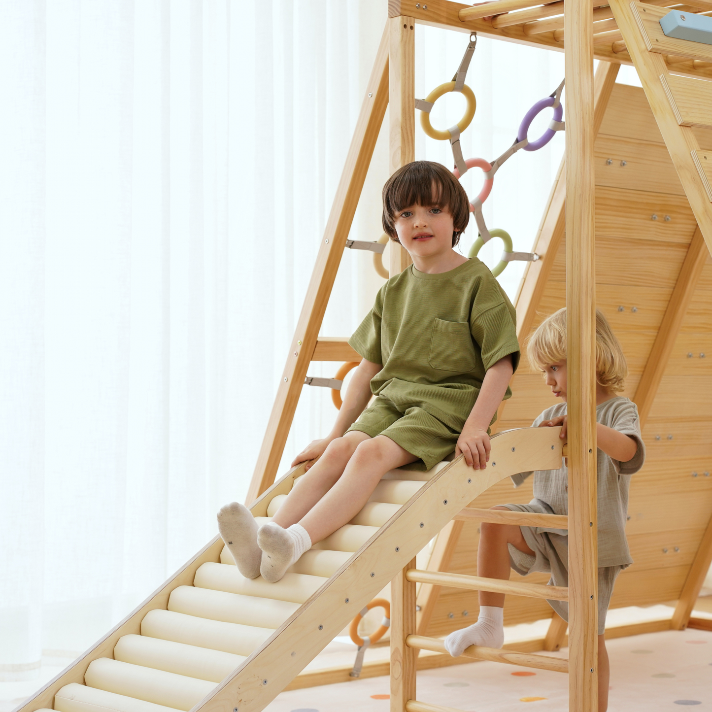 Avenlur Sweetgum Jumbo Indoor Wooden Playset – Montessori 8-in-1 Climber with Slide, Rock Wall & Swing