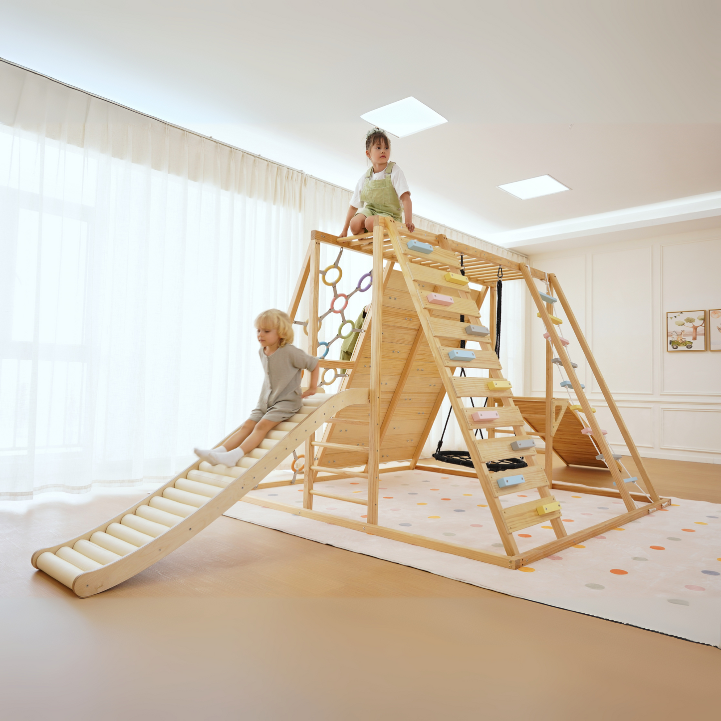 Avenlur Sweetgum Jumbo Indoor Wooden Playset – Montessori 8-in-1 Climber with Slide, Rock Wall & Swing