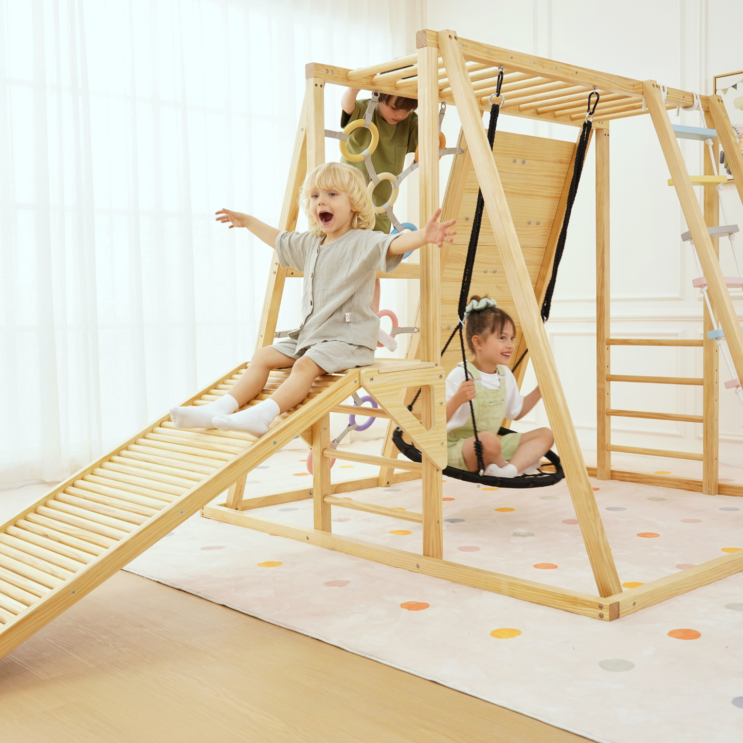 Avenlur Sweetgum 8-in-1 Indoor Wooden Playset – Montessori Climber with Slide, Rockwall, Swing & More (X-Large)