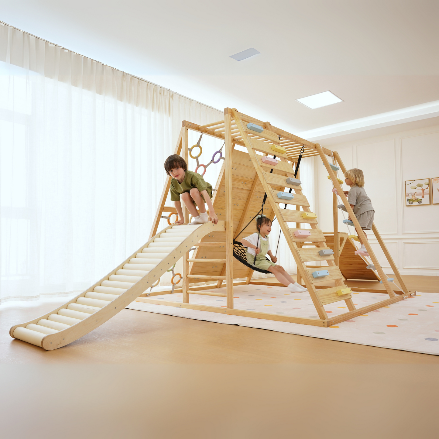 Avenlur Sweetgum Jumbo Indoor Wooden Playset – Montessori 8-in-1 Climber with Slide, Rock Wall & Swing