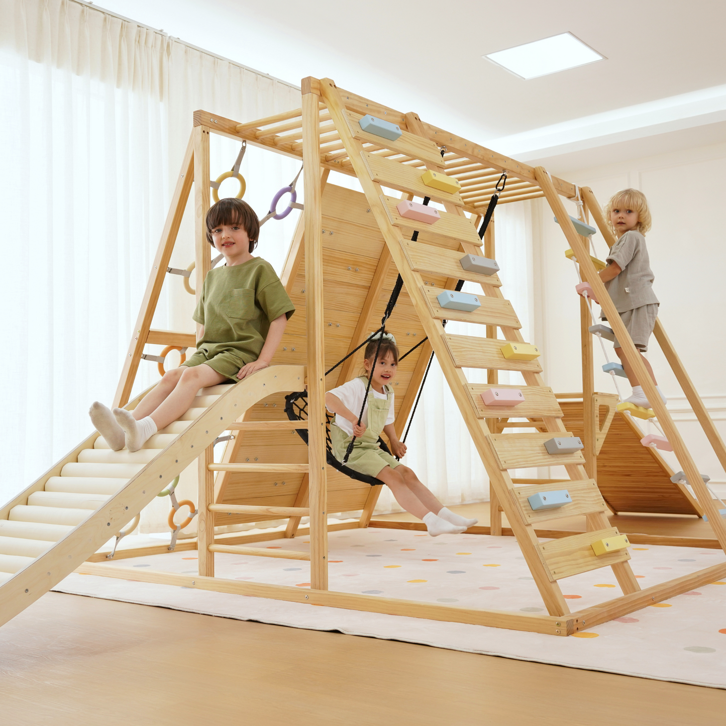 Avenlur Sweetgum Jumbo Indoor Wooden Playset – Montessori 8-in-1 Climber with Slide, Rock Wall & Swing