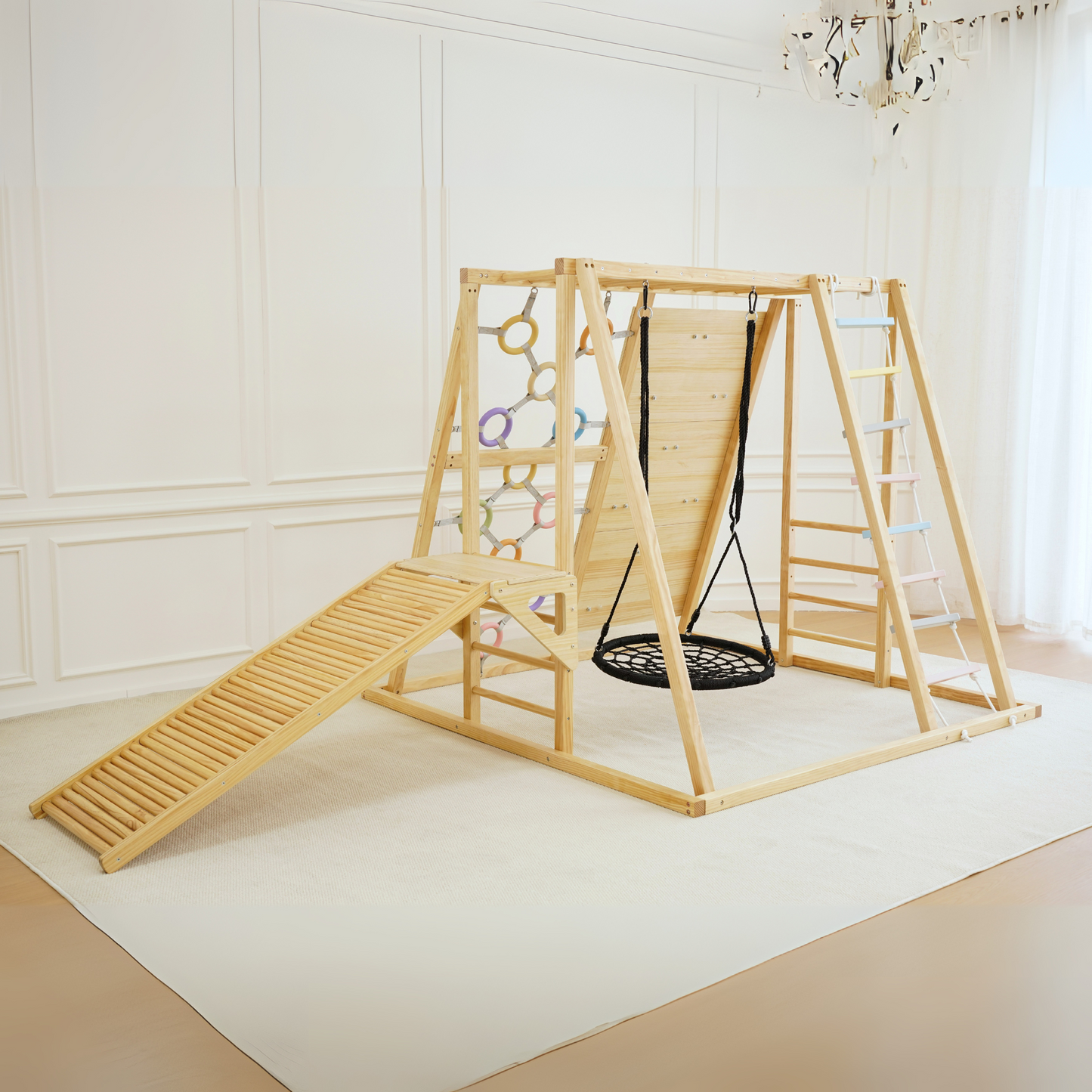 Avenlur Sweetgum 8-in-1 Indoor Wooden Playset – Montessori Climber with Slide, Rockwall, Swing & More (X-Large)