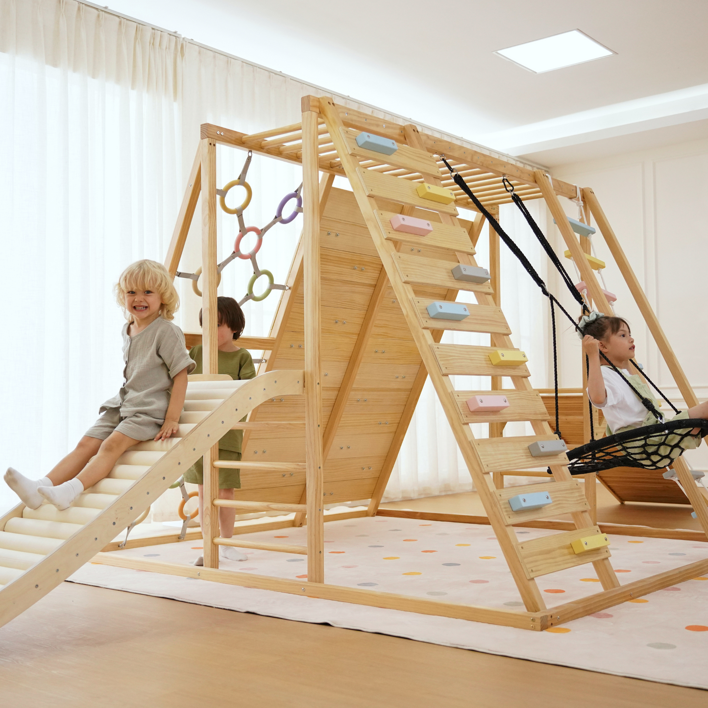 Avenlur Sweetgum Jumbo Indoor Wooden Playset – Montessori 8-in-1 Climber with Slide, Rock Wall & Swing