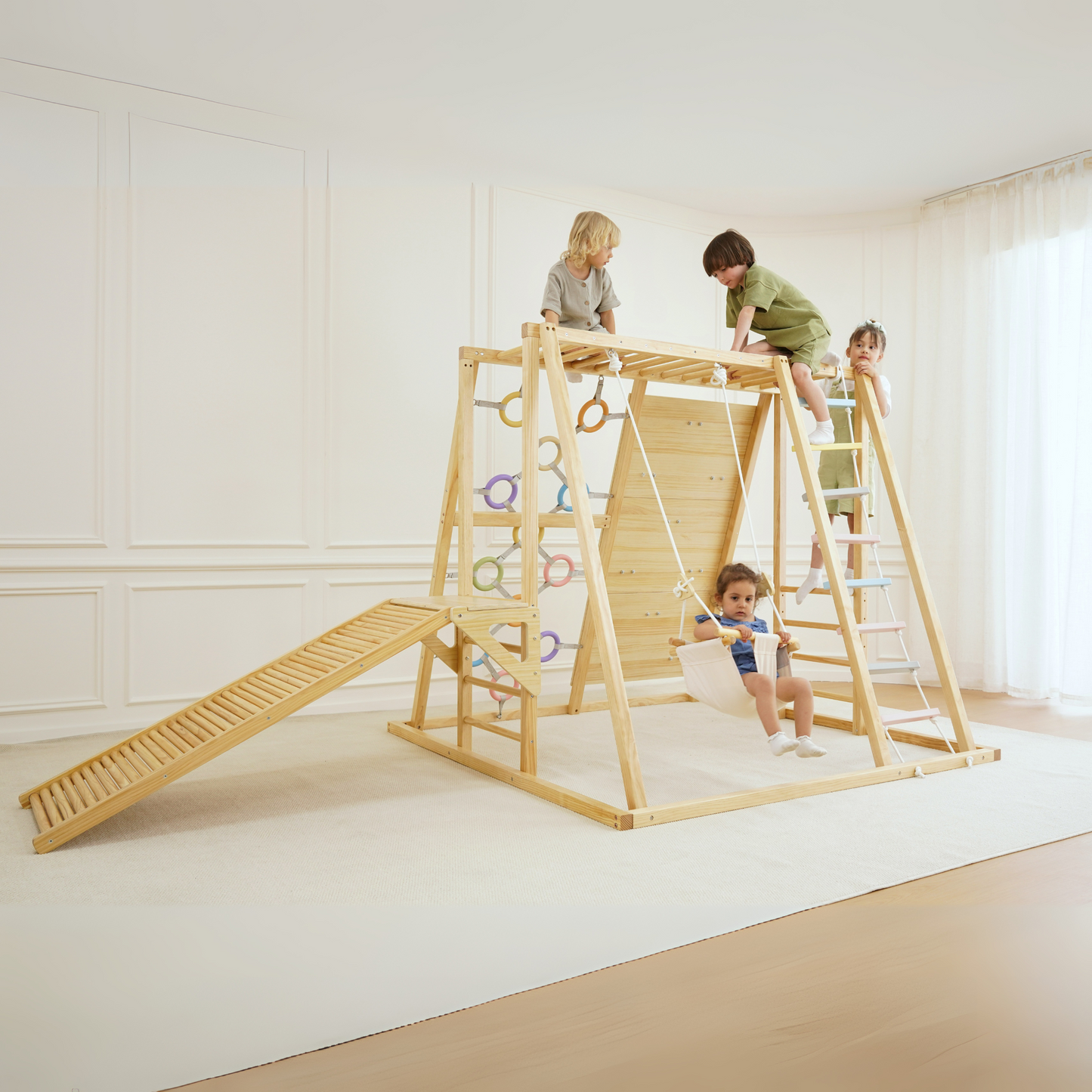 Avenlur Sweetgum 8-in-1 Indoor Wooden Playset – Montessori Climber with Slide, Rockwall, Swing & More (X-Large)
