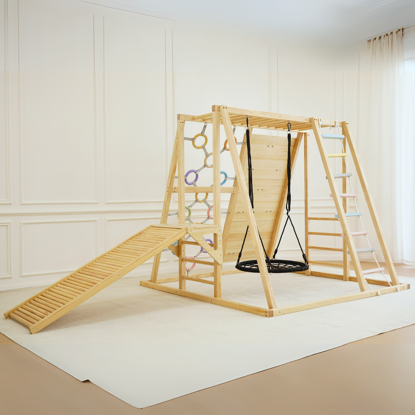 Avenlur Sweetgum 8-in-1 Indoor Wooden Playset – Montessori Climber with Slide, Rockwall, Swing & More (X-Large)