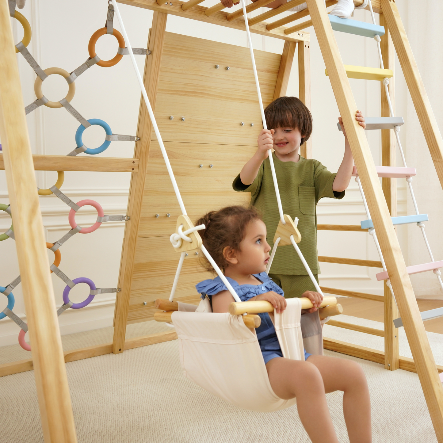 Avenlur Sweetgum 8-in-1 Indoor Wooden Playset – Montessori Climber with Slide, Rockwall, Swing & More (X-Large)
