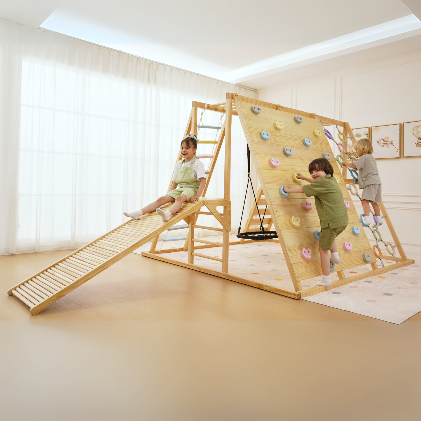 Avenlur Sweetgum Jumbo Indoor Wooden Playset – Montessori 8-in-1 Climber with Slide, Rock Wall & Swing