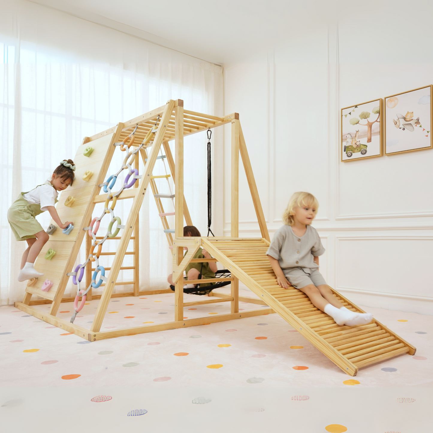Avenlur Sweetgum 8-in-1 Indoor Wooden Playset – Montessori Climber with Slide, Rockwall, Swing & More (X-Large)