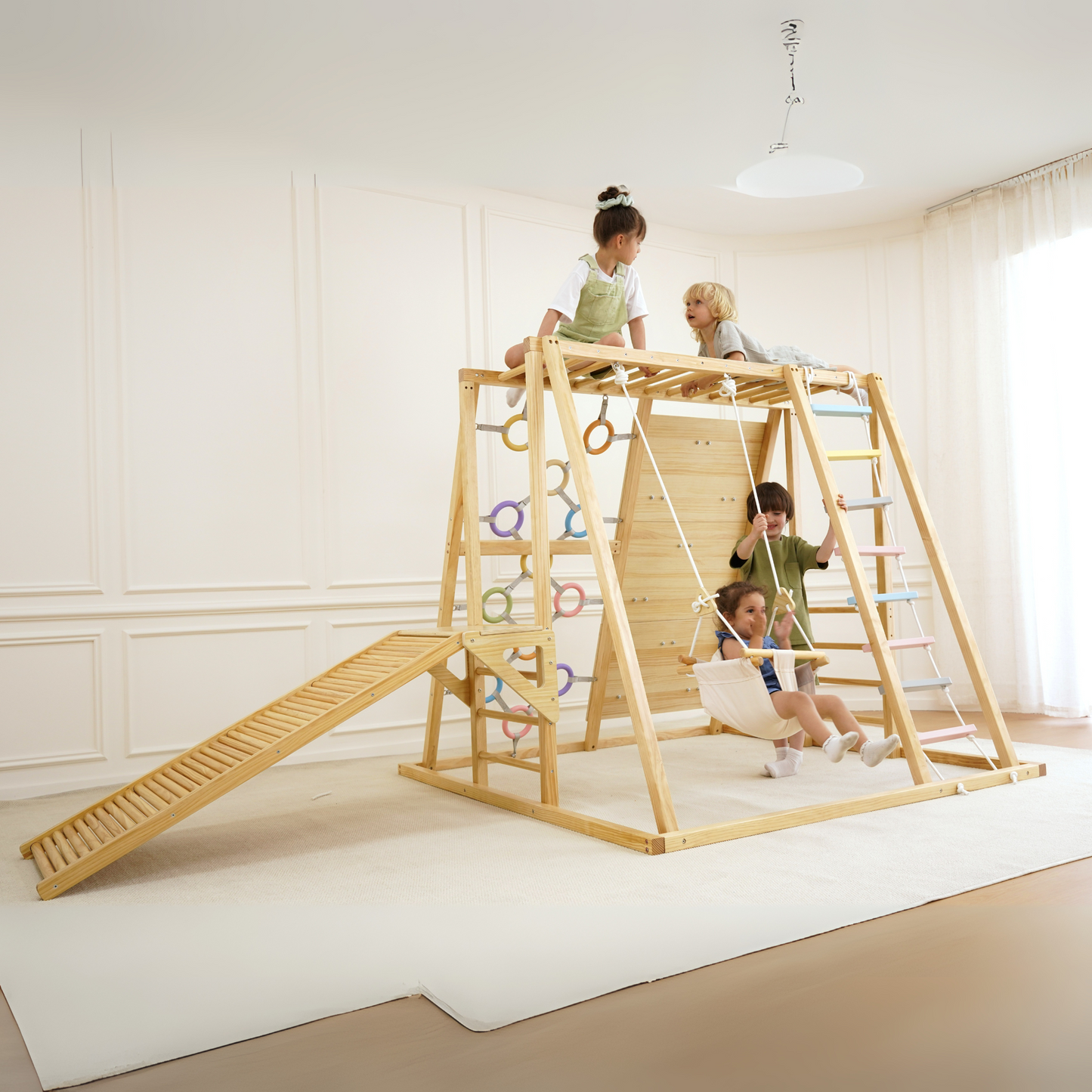 Avenlur Sweetgum 8-in-1 Indoor Wooden Playset – Montessori Climber with Slide, Rockwall, Swing & More (X-Large)