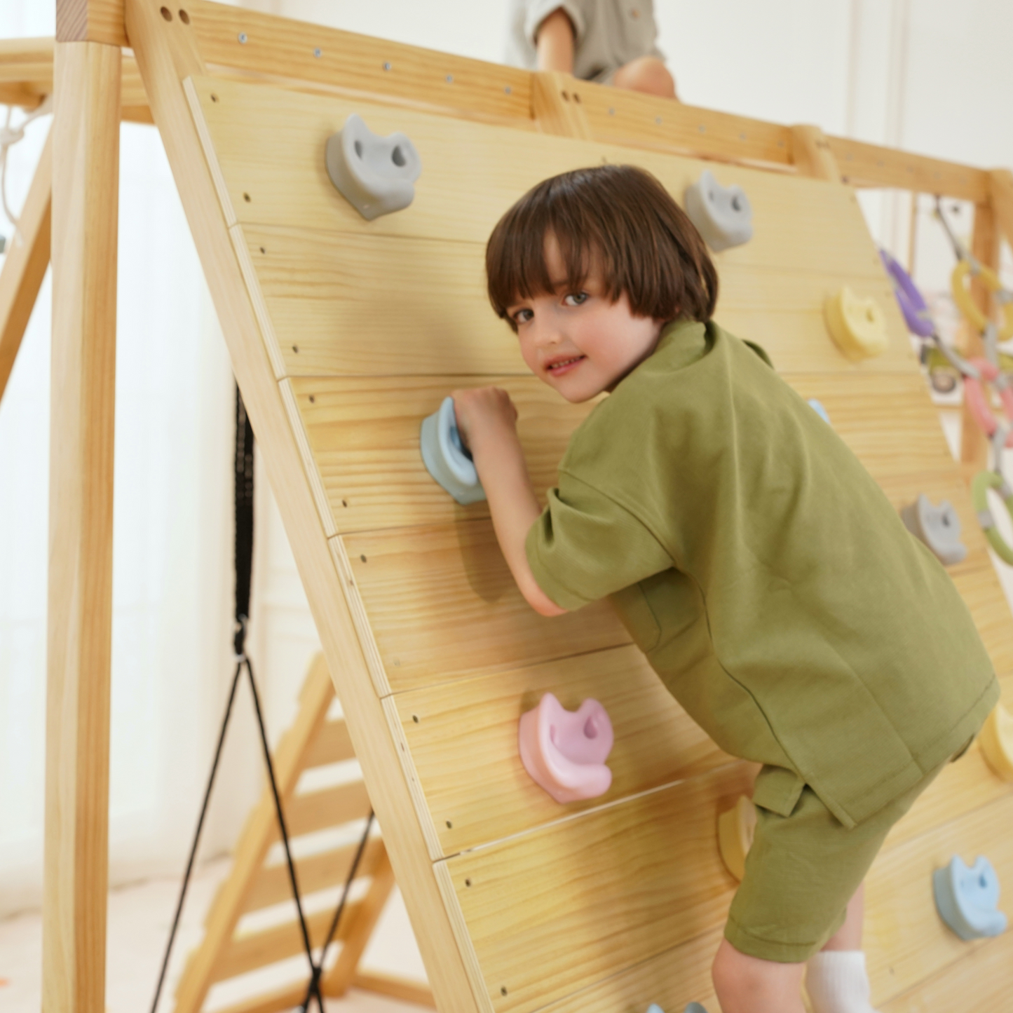 Avenlur Sweetgum Jumbo Indoor Wooden Playset – Montessori 8-in-1 Climber with Slide, Rock Wall & Swing