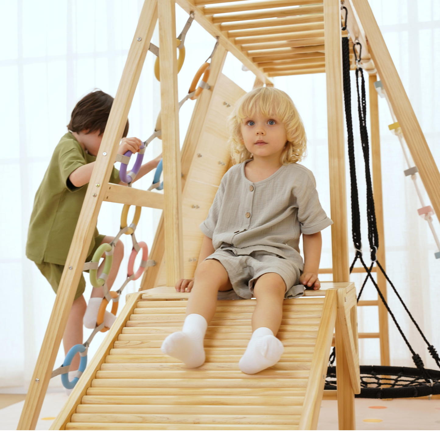Avenlur Sweetgum 8-in-1 Indoor Wooden Playset – Montessori Climber with Slide, Rockwall, Swing & More (X-Large)