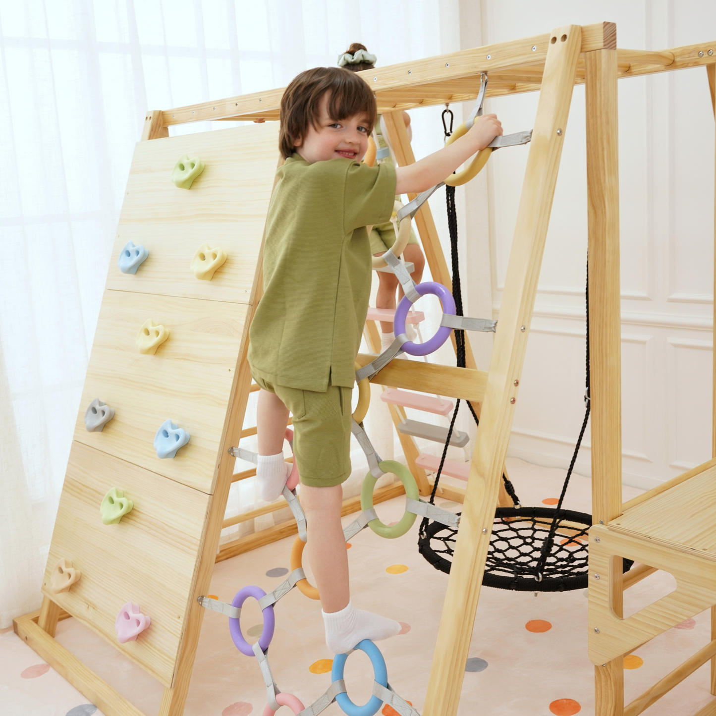 Avenlur Sweetgum 8-in-1 Indoor Wooden Playset – Montessori Climber with Slide, Rockwall, Swing & More (X-Large)