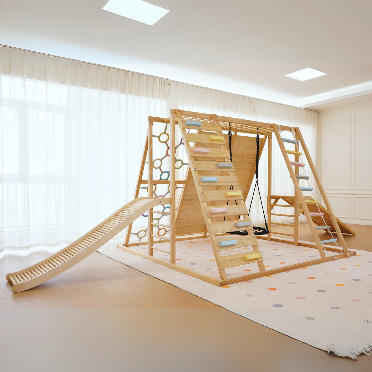 Avenlur Sweetgum Jumbo Indoor Wooden Playset – Montessori 8-in-1 Climber with Slide, Rock Wall & Swing