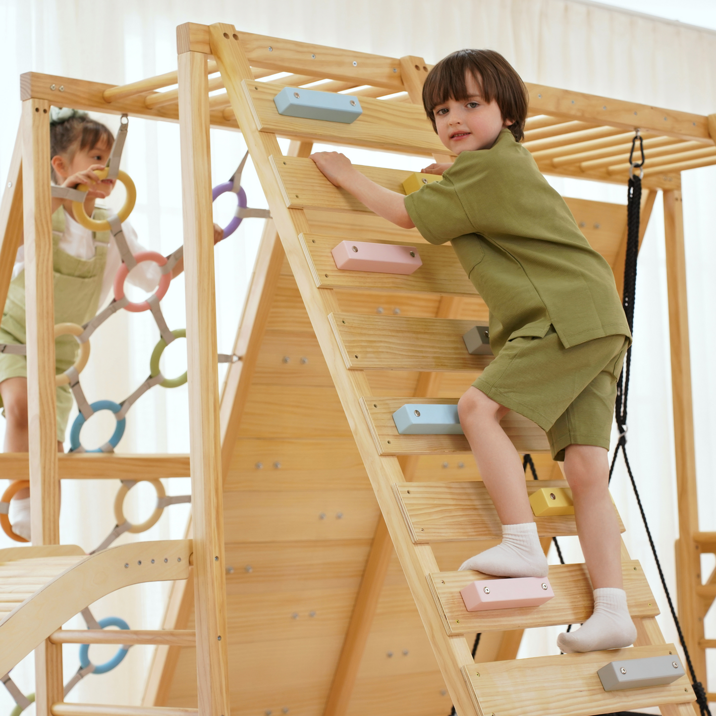 Avenlur Sweetgum Jumbo Indoor Wooden Playset – Montessori 8-in-1 Climber with Slide, Rock Wall & Swing
