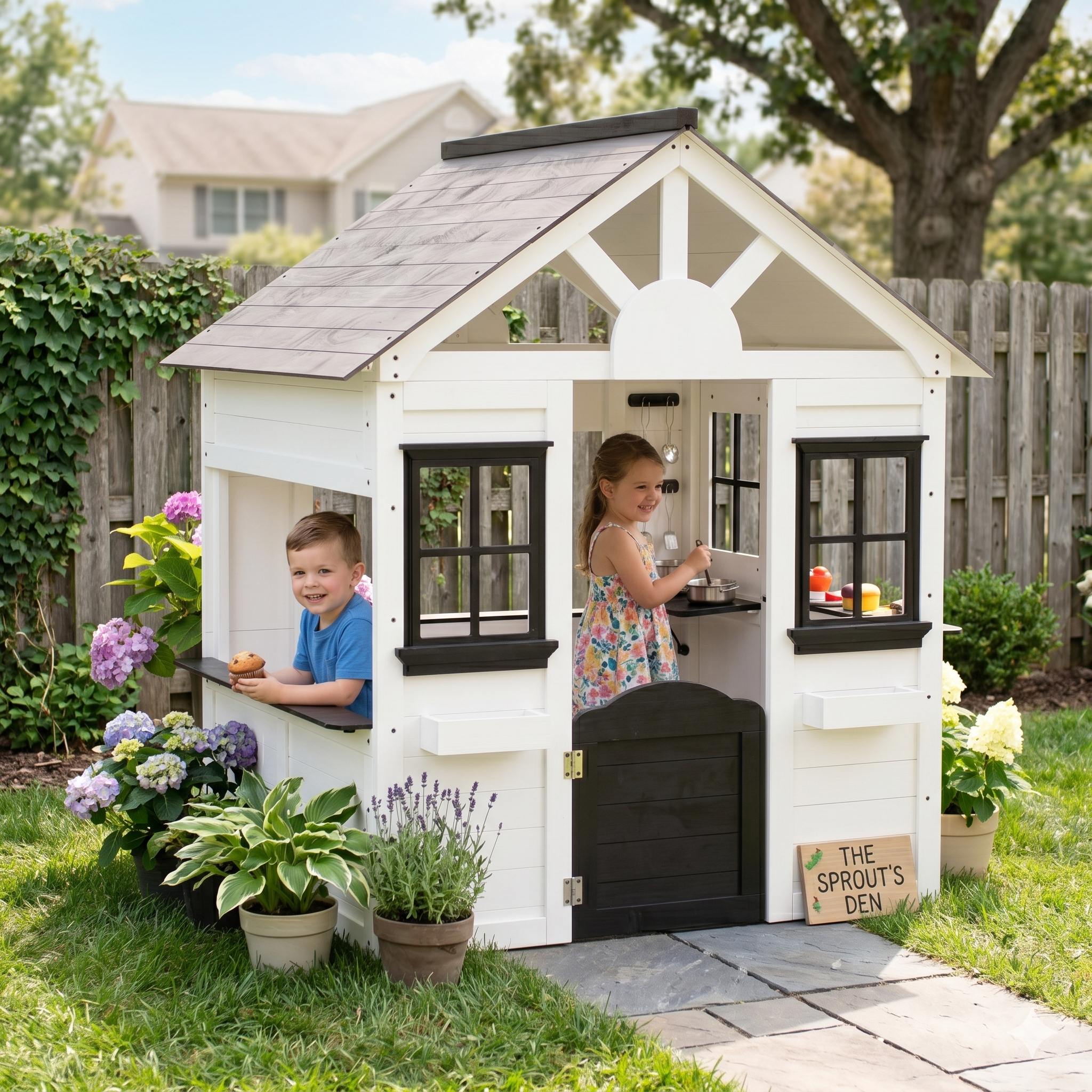 White Wooden Kids Playhouse – Modern Indoor Outdoor Cottage