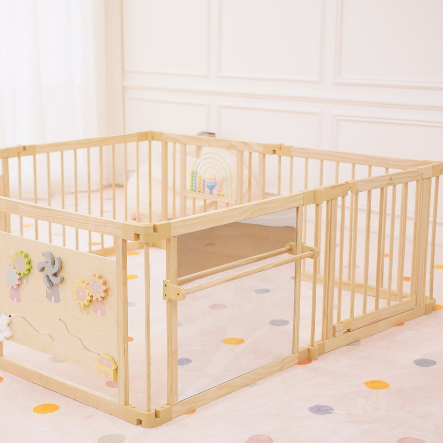 Wooden Baby Playpen with Mirror & Whiteboard Panel โ Foldable 63" x 63" Montessori Sensory Play Yard