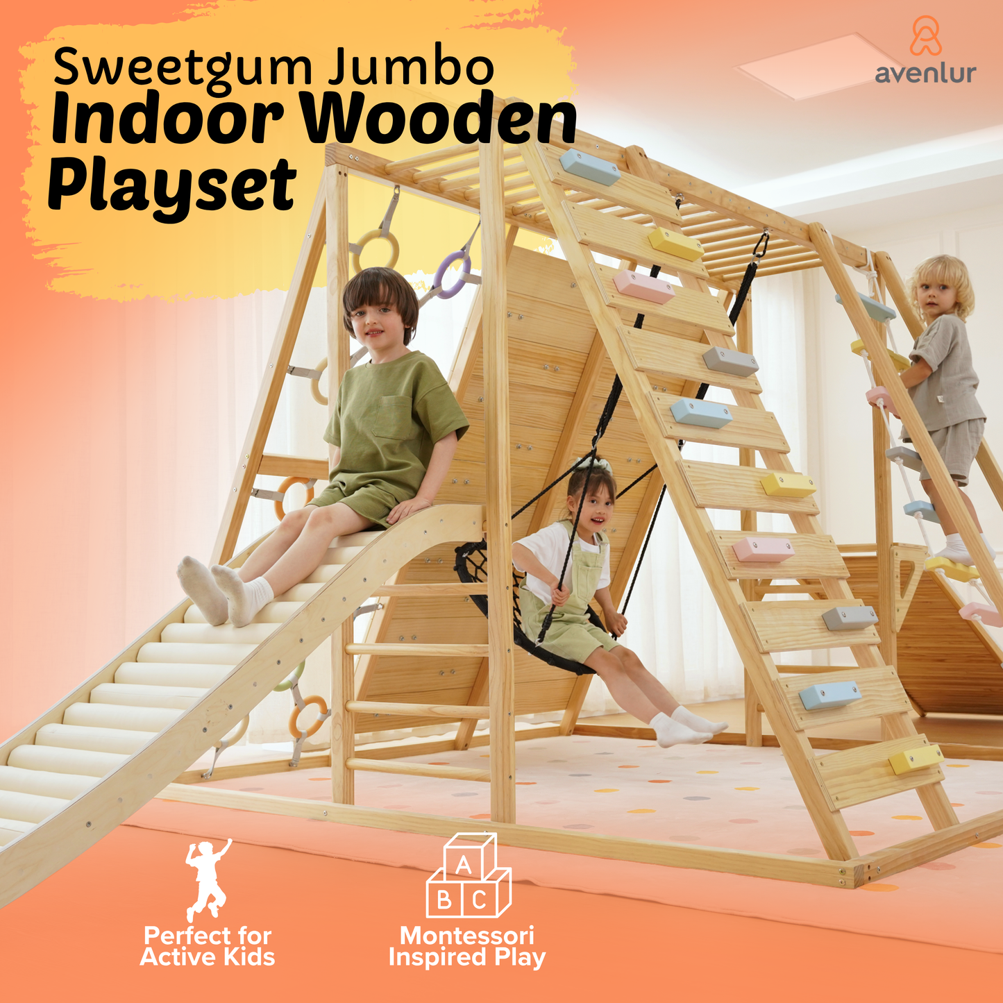 Avenlur Sweetgum Jumbo Indoor Wooden Playset – Montessori 8-in-1 Climber with Slide, Rock Wall & Swing