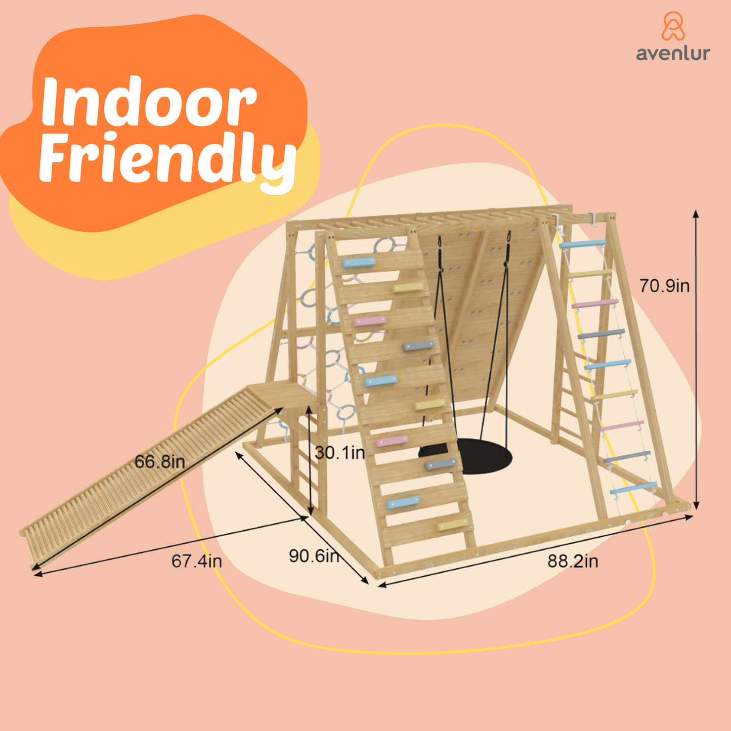 Avenlur Sweetgum Jumbo Indoor Wooden Playset – Montessori 8-in-1 Climber with Slide, Rock Wall & Swing