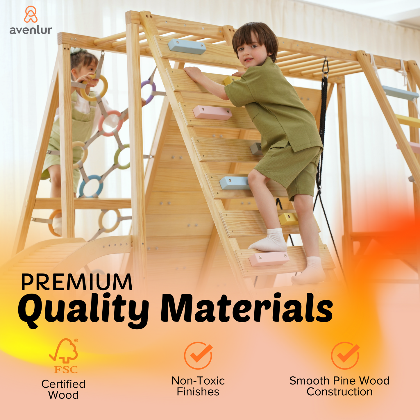 Avenlur Sweetgum Jumbo Indoor Wooden Playset – Montessori 8-in-1 Climber with Slide, Rock Wall & Swing