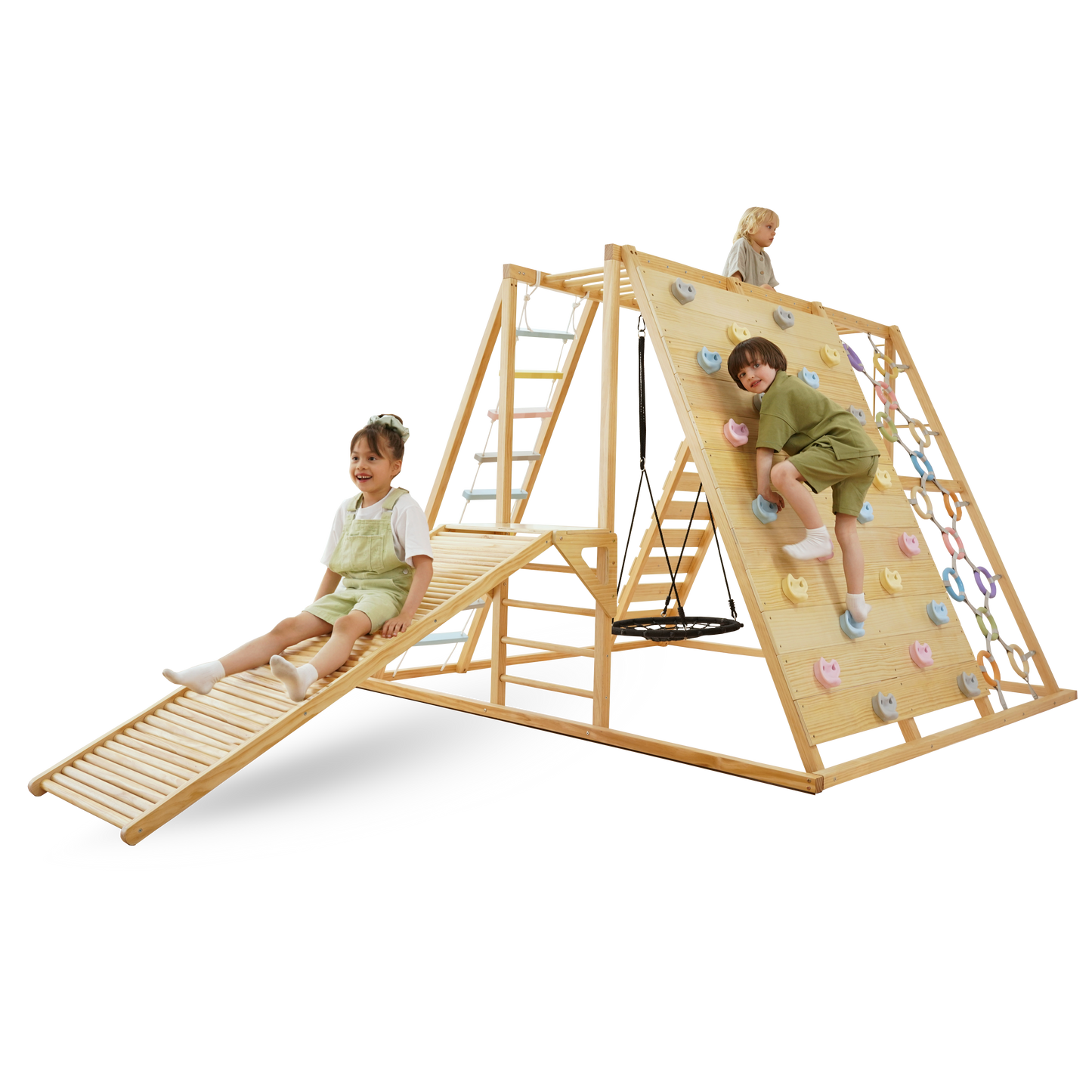 Avenlur Sweetgum Indoor Wooden Climber – Montessori 8-in-1 Playset with Slide, Swing, Rock Wall