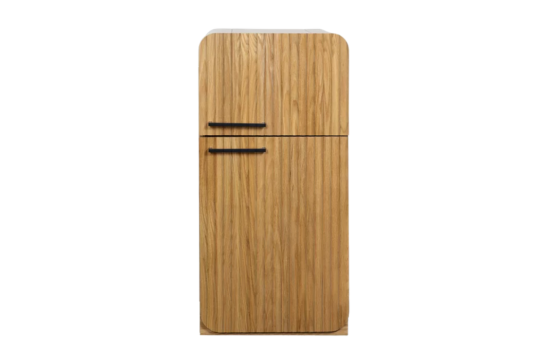 Oak Fluted Play Fridge โ Montessori Wooden Toy Refrigerator