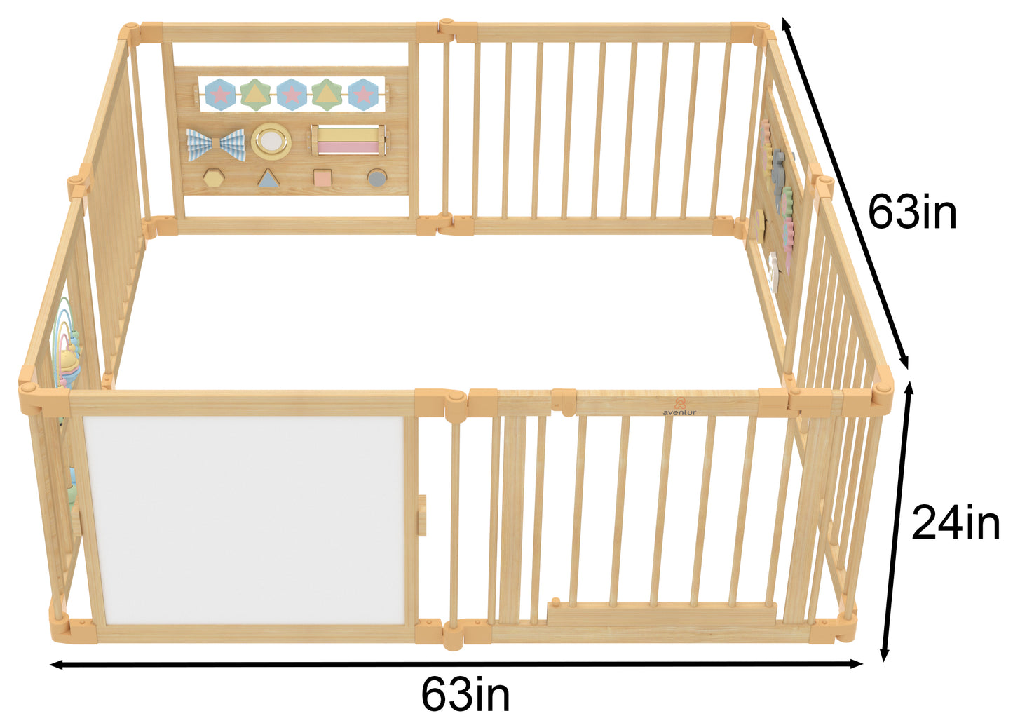 Wooden Baby Playpen with Mirror & Whiteboard Panel โ Foldable 63" x 63" Montessori Sensory Play Yard
