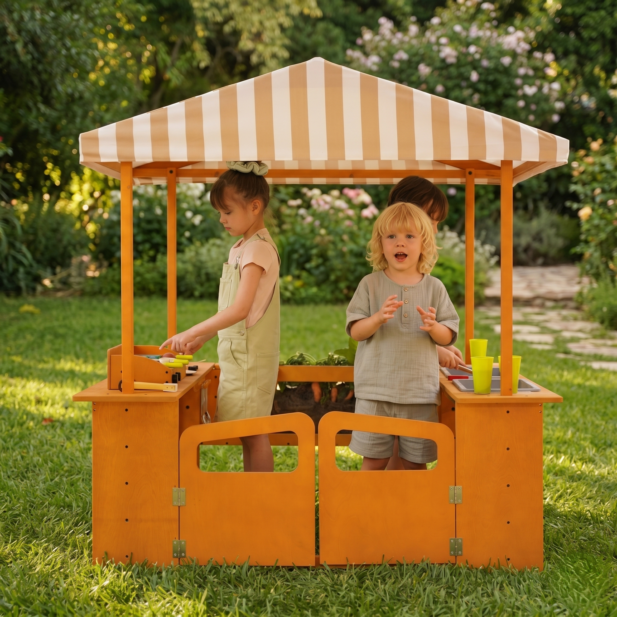 4-in-1-Spielhaus aus Holz mit integriertem Pflanzkasten für Kinder