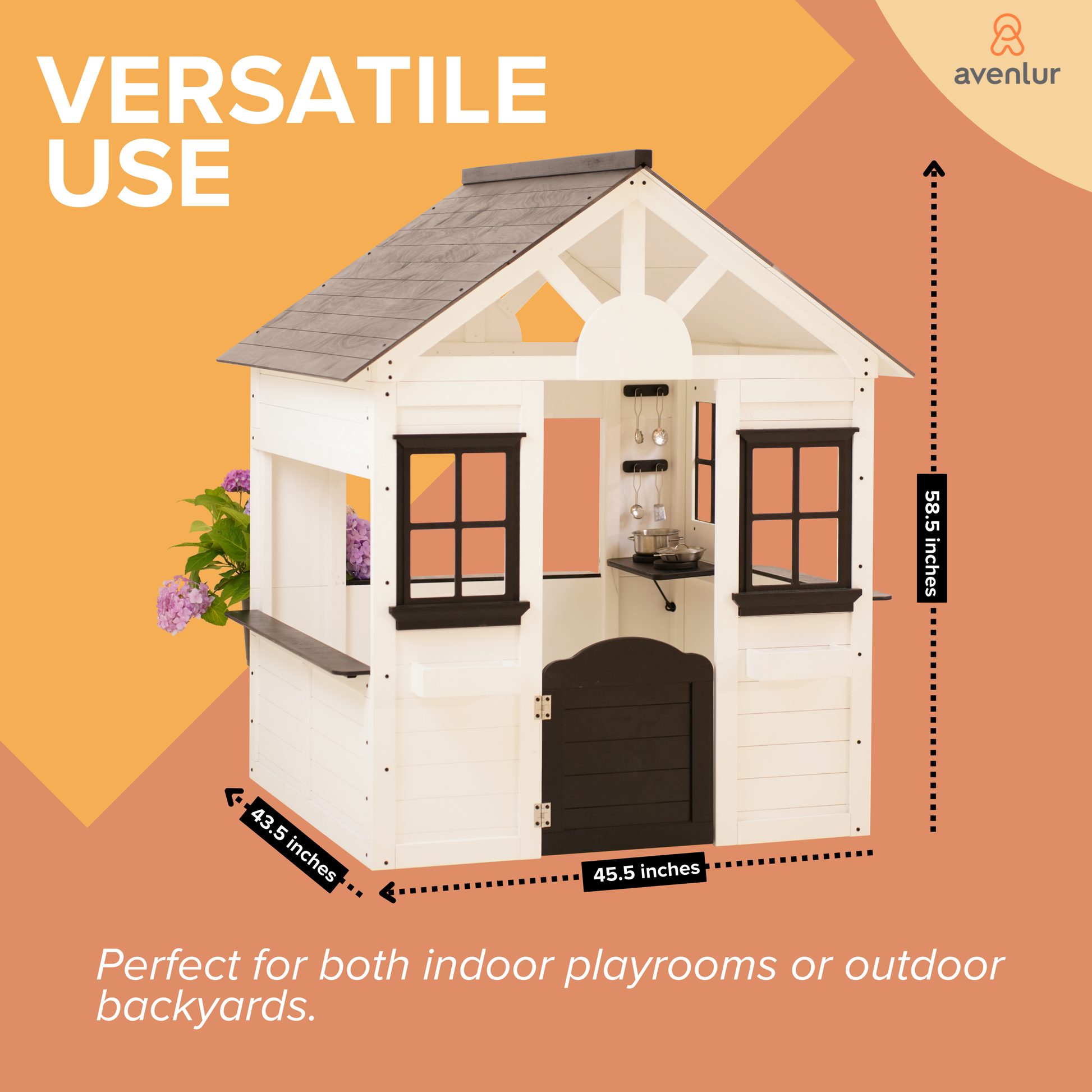 Dimensions of the Avenlur Casa Wooden Playhouse highlighted, measuring 58.5 inches tall, 45.5 inches wide, and 43.5 inches deep, suitable for indoor or outdoor use.