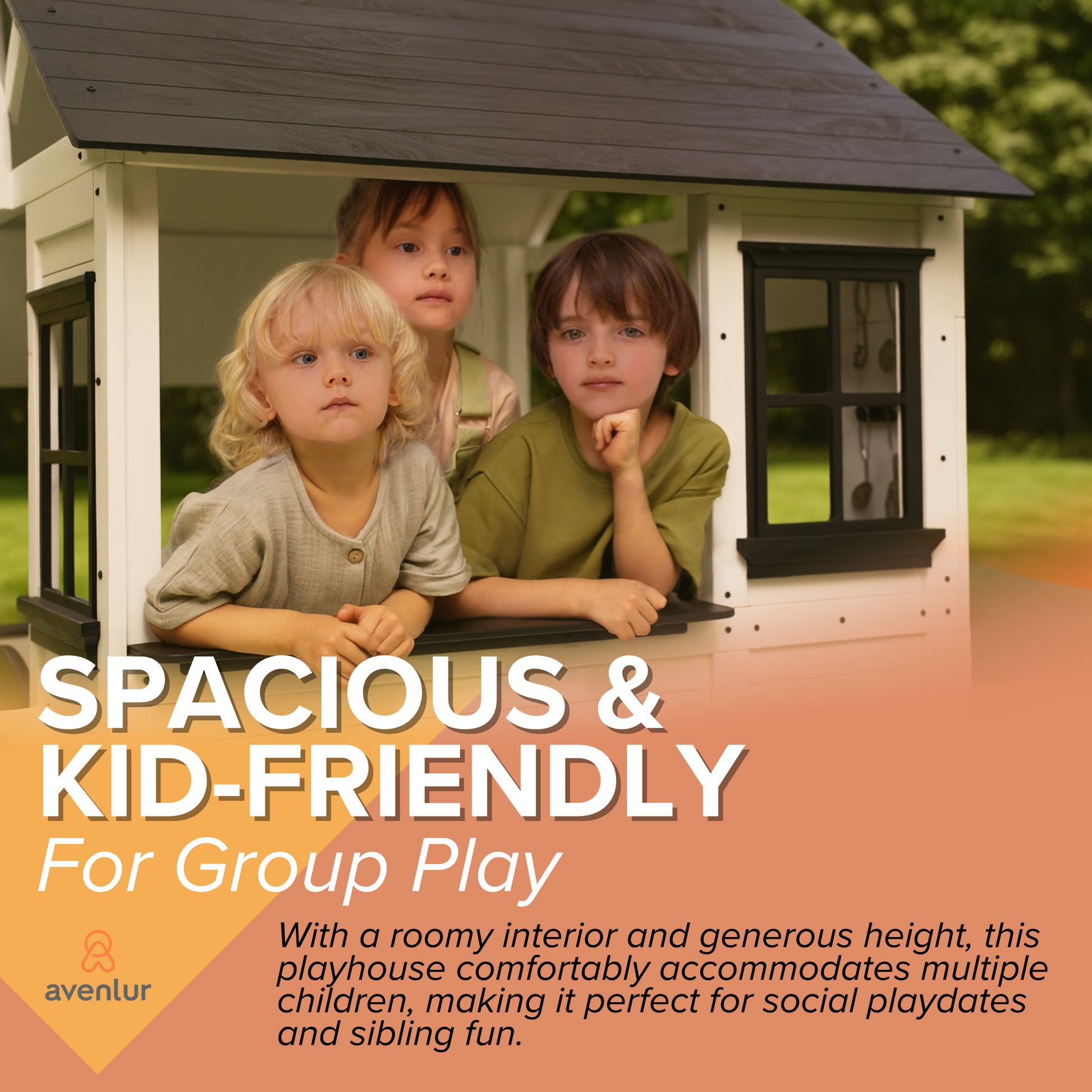 Three children leaning out of the window of the Avenlur Casa Wooden Playhouse, illustrating spacious and kid-friendly design for group play.