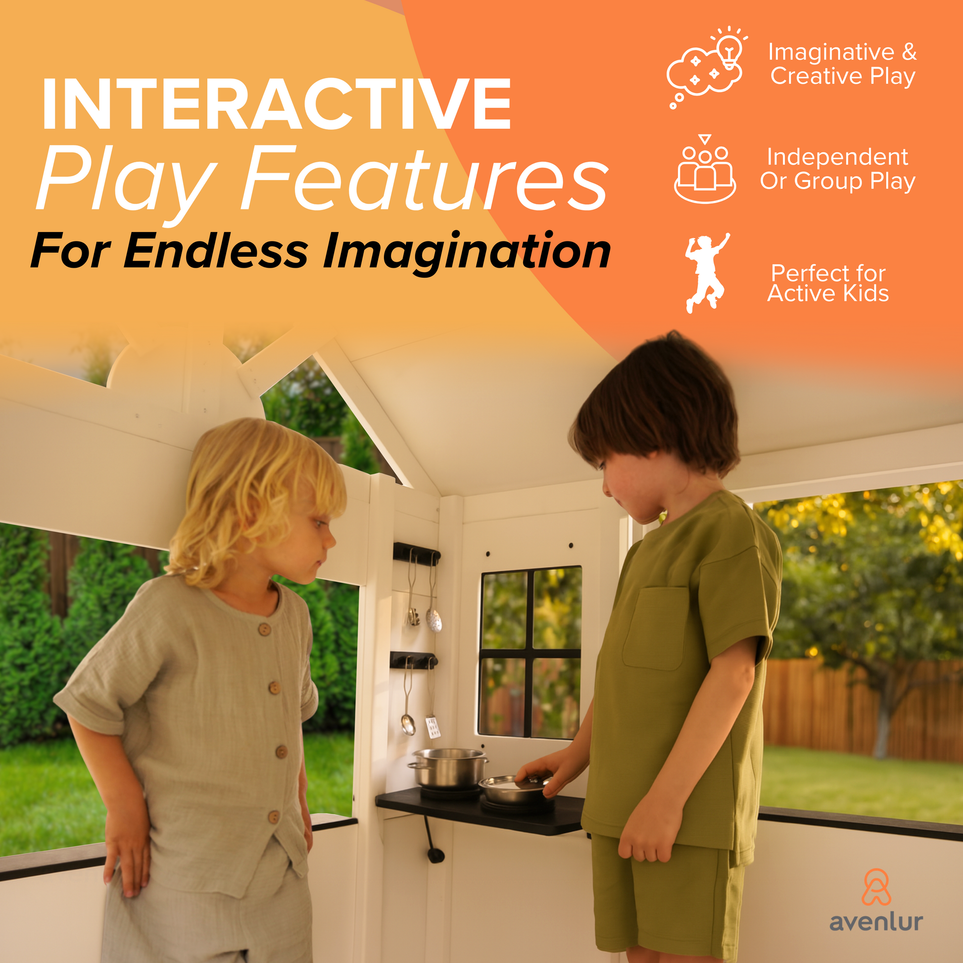 Two children playing inside the Avenlur Casa Wooden Playhouse, engaging with the interior play kitchen and interactive features.