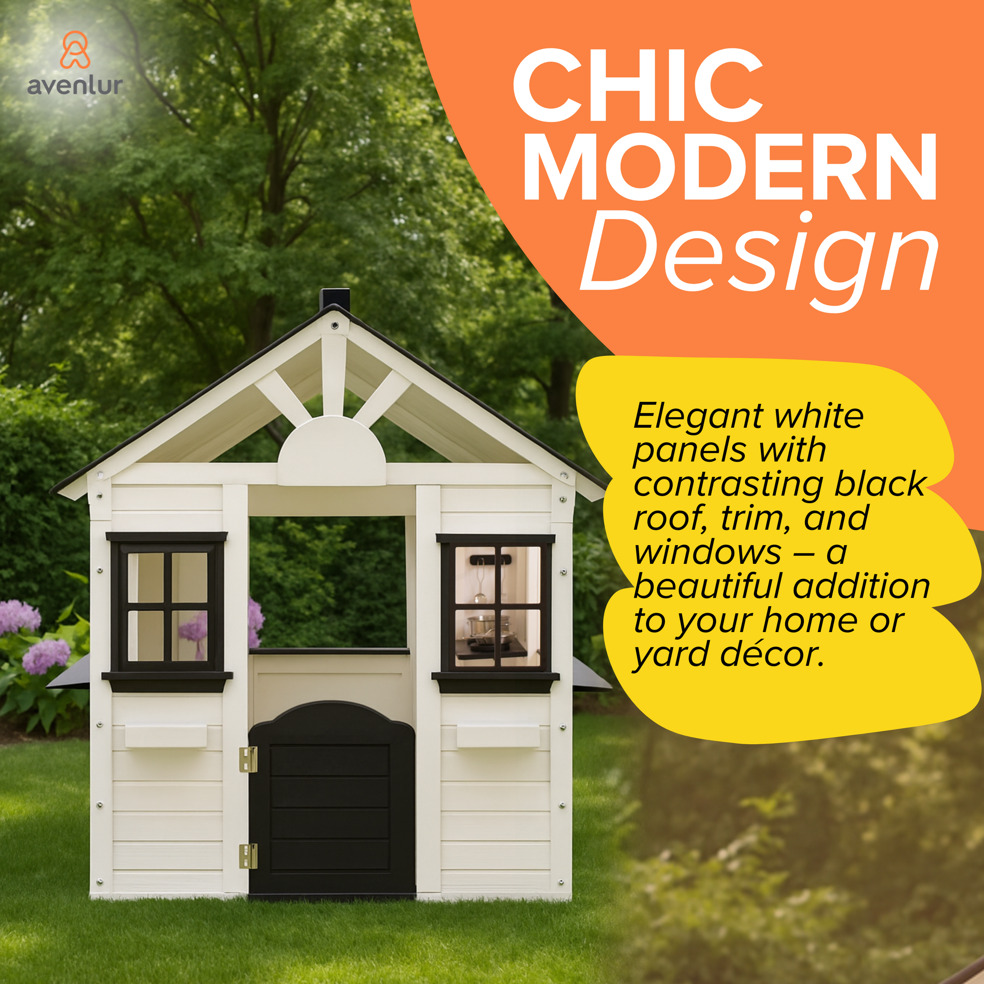 Front view of the Avenlur Casa Wooden Playhouse on grass with text describing its chic modern design and elegant black and white color contrast.