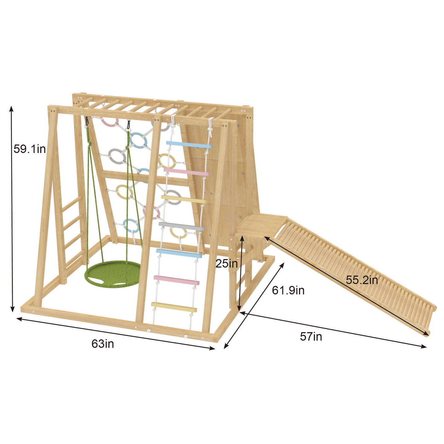 Dimensions diagram of Avenlur Sweetgum indoor Montessori climber with labeled height, width, and ramp length