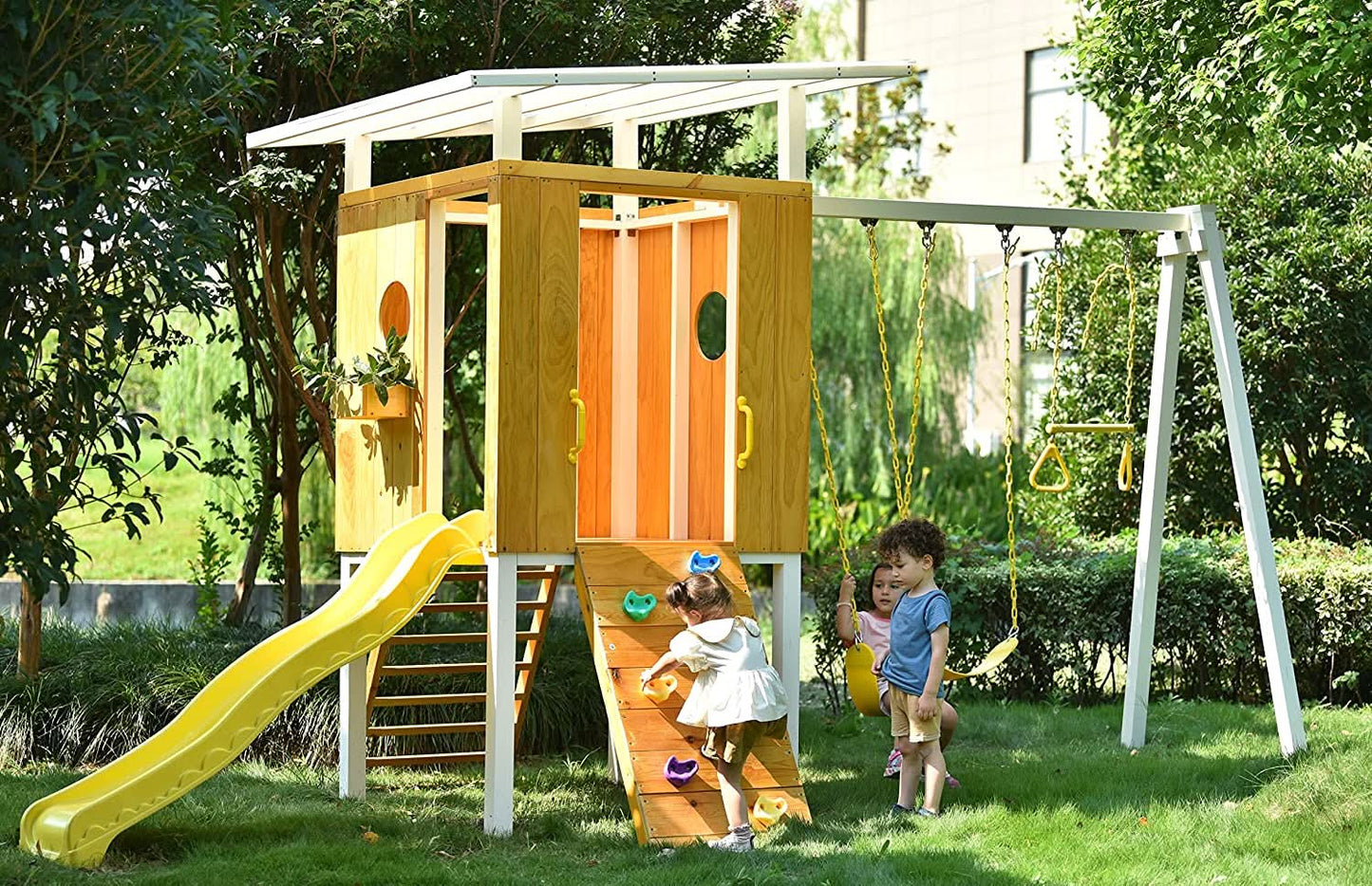 Forest - Modern Backyard Outdoor Swing Set 2 Swings And Trapeze Bar.