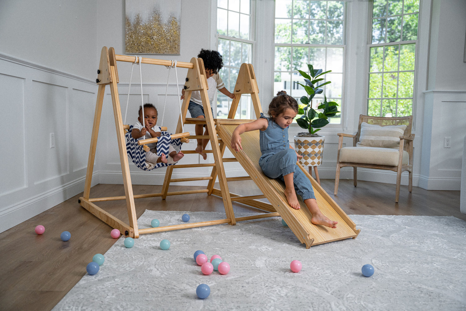 Avenlur's Juniper Real Wood Folding Playset - Frontal View - Featuring Interchangeable Wooden Swing Detail