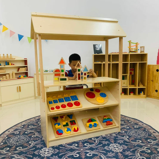 Avenlur's Wooden Farmers Market Stand for Pretend Play in Playroom, Stocked with Toys