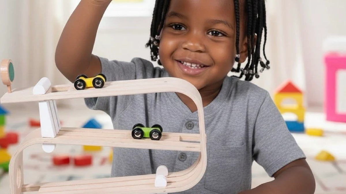 Avenlur wooden car ramp racer toy with four tiers and wooden cars
