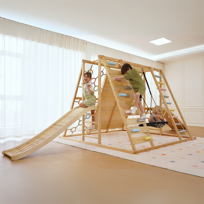 Avenlur Sweetgum Jumbo Indoor Wooden Playset – Montessori 8-in-1 Climber with Slide, Rock Wall & Swing