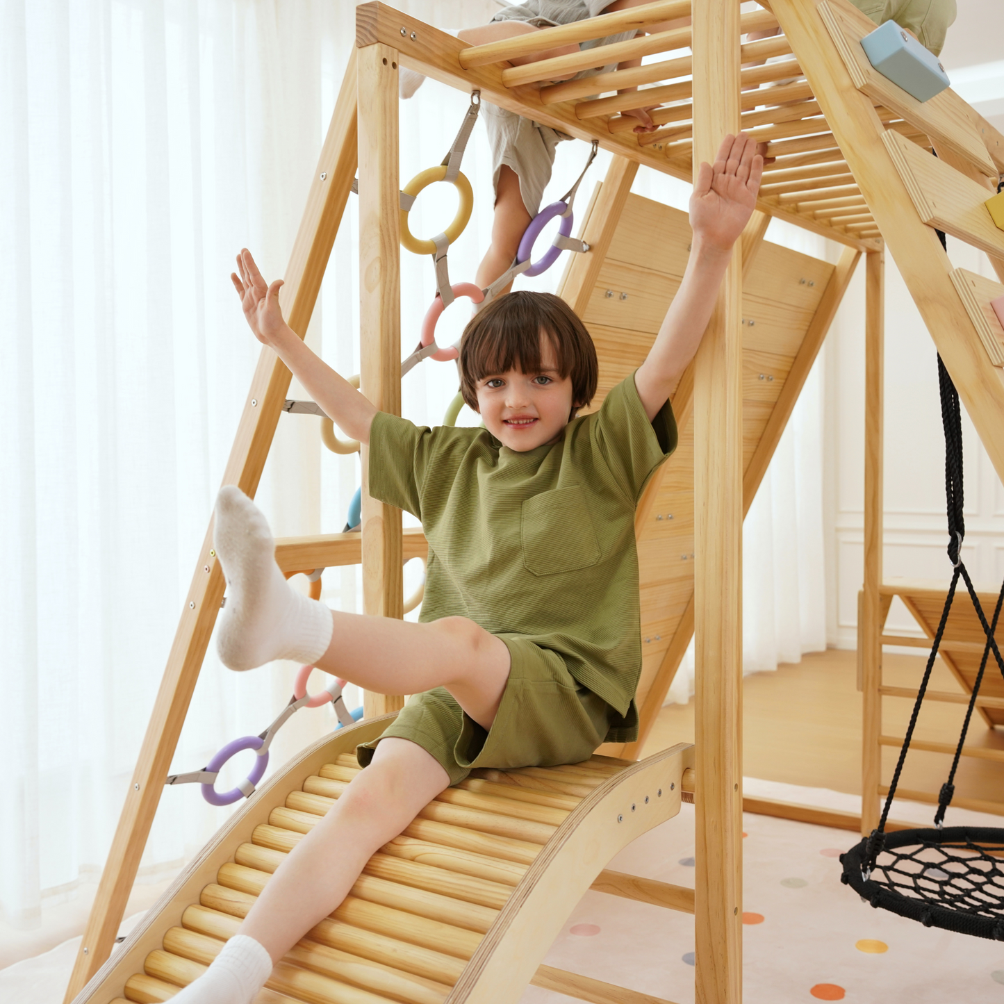 Avenlur Sweetgum Jumbo Indoor Wooden Playset – Montessori 8-in-1 Climber with Slide, Rock Wall & Swing