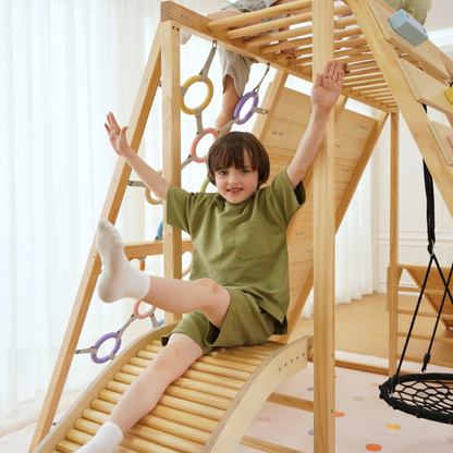 Avenlur Sweetgum Jumbo Indoor Wooden Playset – Montessori 8-in-1 Climber with Slide, Rock Wall & Swing