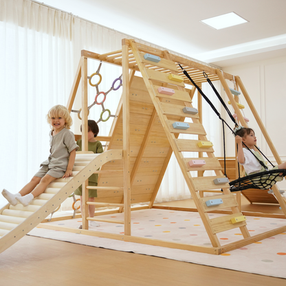 Avenlur Sweetgum Jumbo Indoor Wooden Playset – Montessori 8-in-1 Climber with Slide, Rock Wall & Swing