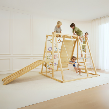 Avenlur Sweetgum 8-in-1 Indoor Wooden Playset – Montessori Climber with Slide, Rockwall, Swing & More (X-Large)