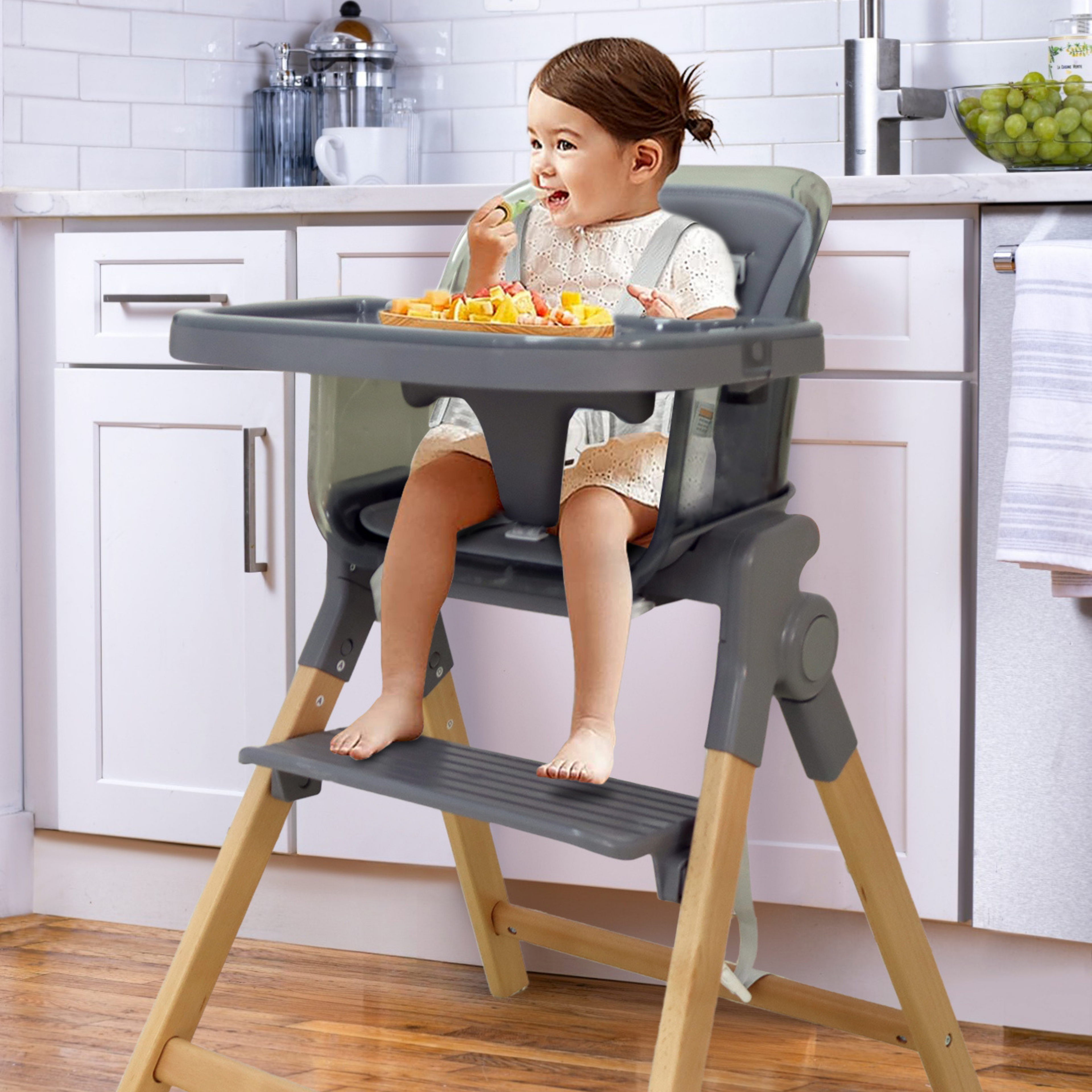 Clover Wooden High Chair – Baby Feeding Chair with Tray & Footrest for Toddlers