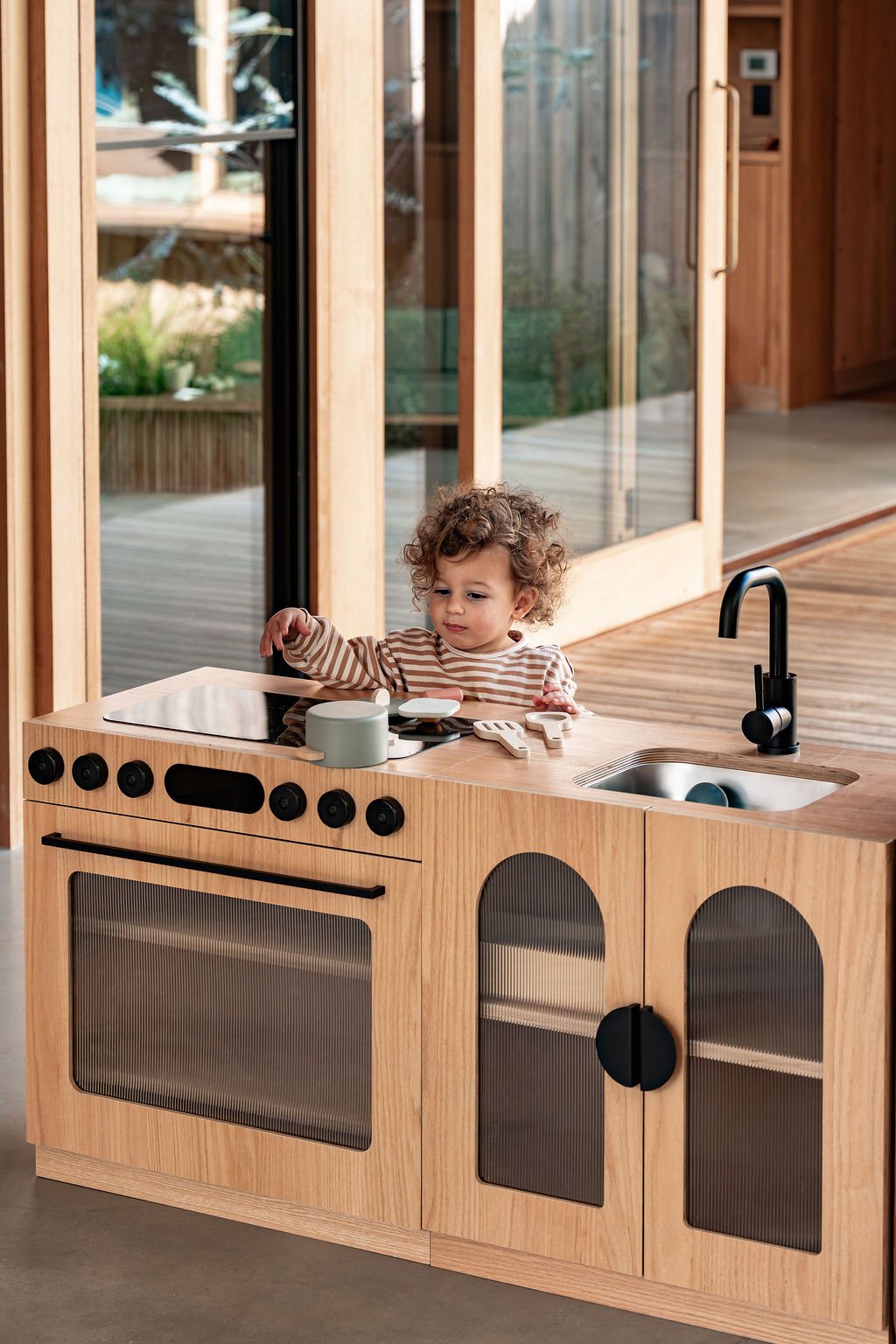 Oak Fluted Play Kitchen Set: Fridge + Sink + Oven