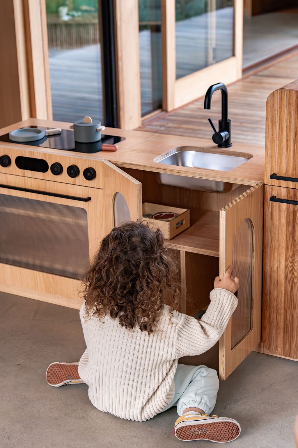 Oak Fluted Play Kitchen Set: Fridge + Sink + Oven
