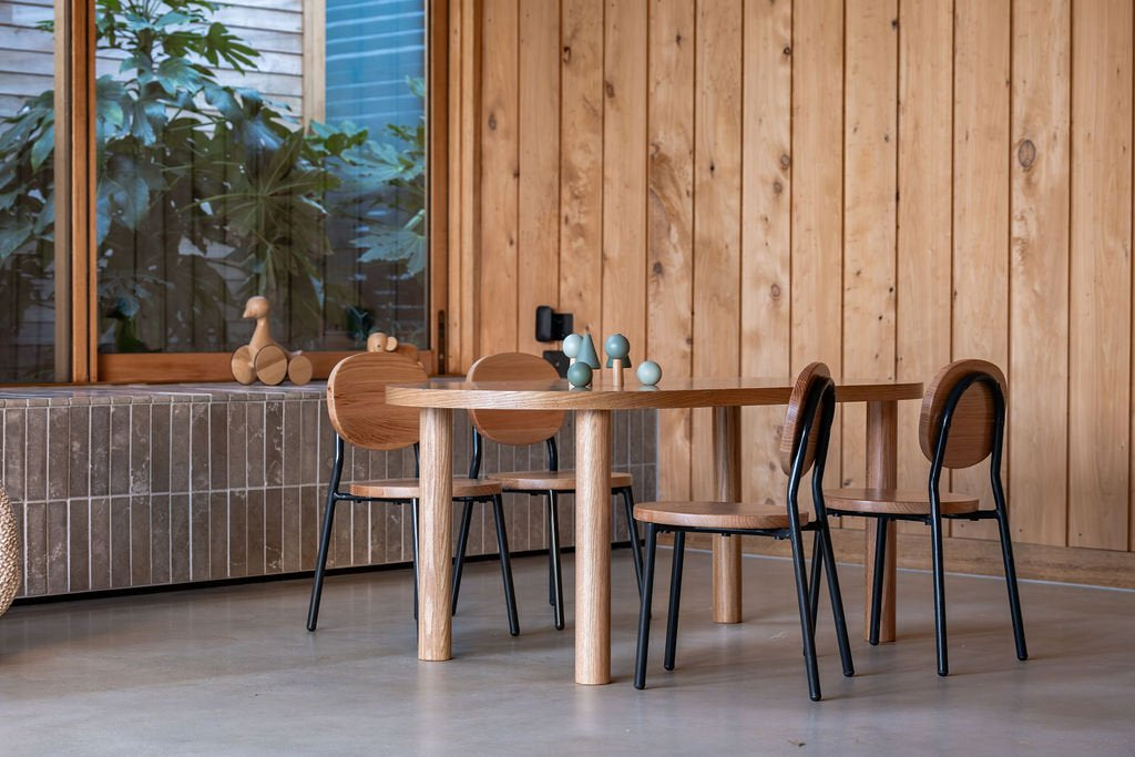 Ottie Stackable Chair – 10" Seat Height | Charcoal Legs, Oak Wood