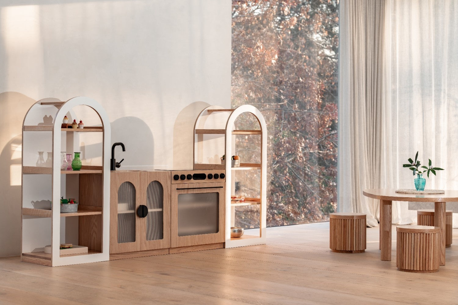 Arched Shelf (White + Natural) – 4-Tier Open Storage