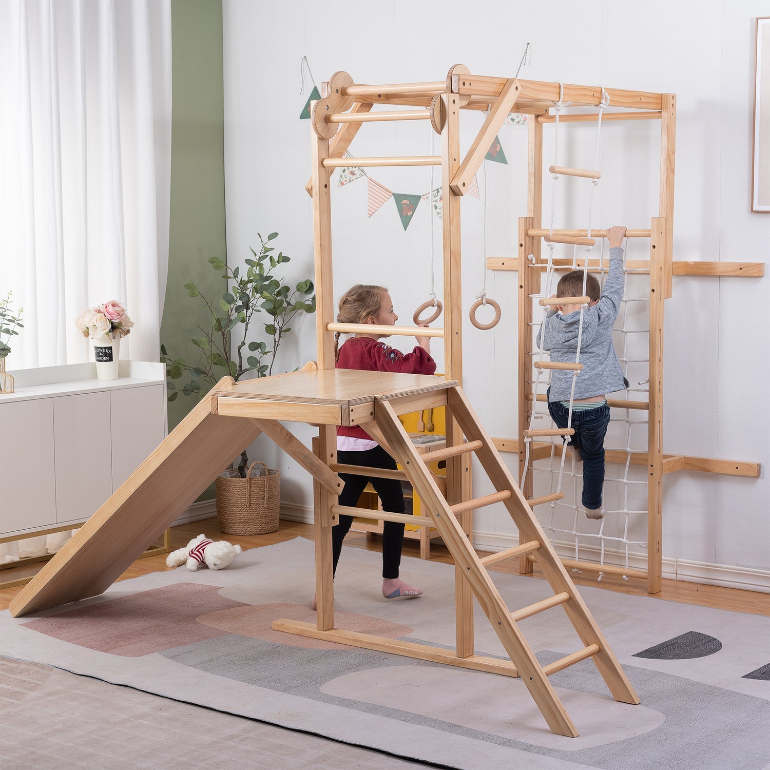 Children Playing on The Grove Jungle Gym - Avenlur's Premium 8 in 1 Wooden Playset for Older Kids in Natural Wood Color