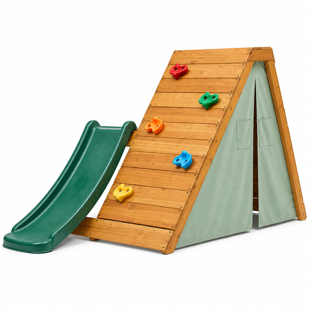 A children's outdoor play set featuring a green slide attached to an A-frame wooden climbing wall with colorful handholds and a light green canvas tunnel entrance, shown on a white background.
