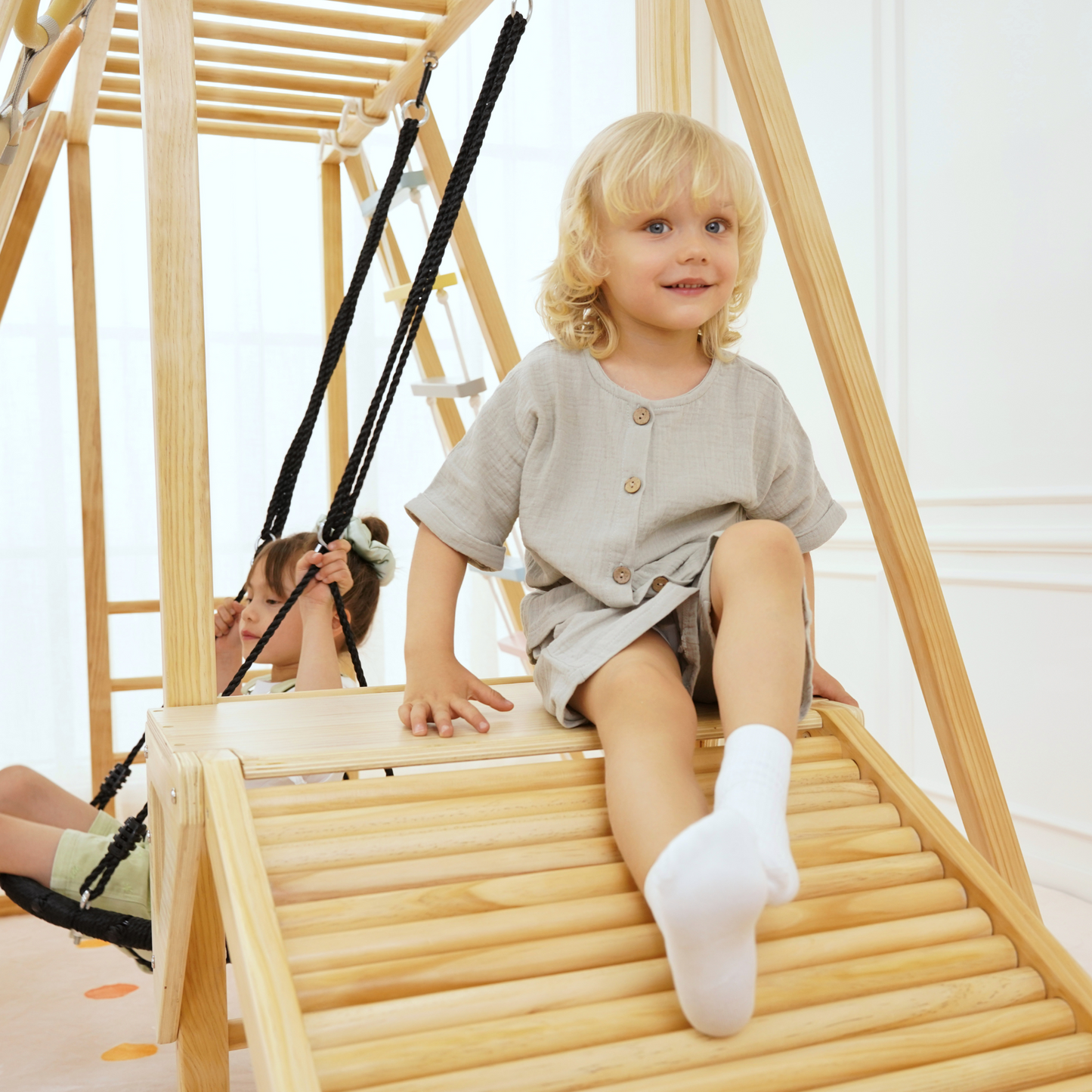 Avenlur Sweetgum 8-in-1 Indoor Wooden Playset – Montessori Climber with Slide, Rockwall, Swing & More (X-Large)