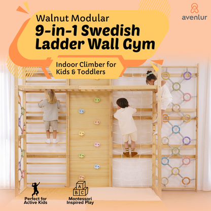 Walnut Modular 9-in-1 Swedish Ladder Wall Gym – Indoor Climber for Kids & Toddlers